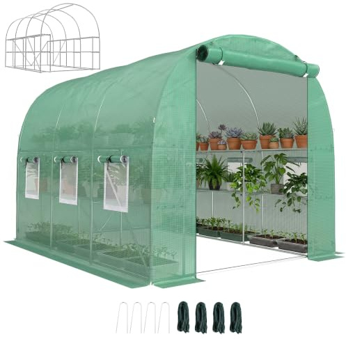 Outsunny Gewächshaus Foliengewächshaus mit Regalen 2,7 x 2 x 2 m Grün | Rollbar, Reißverschlusstür, 6 Netzfenster, Stützstangen, UV-beständig, Folientunnel, Winterfest Tomatenhaus