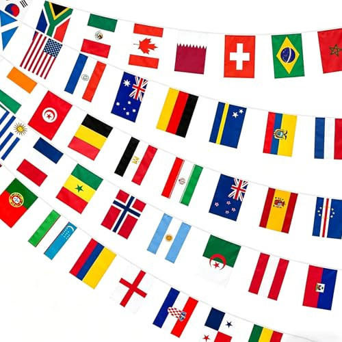 48 Länder Fahnen Wimpelkette Weltmeisterschaft 2026 Klein Flaggen der Welt Girlande Beidseitig Stoff für Deko Eurovision Party, 14 x 21 cm - 15m