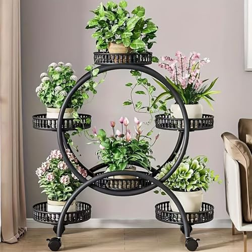 Supporto per Piante con Ruote, Scaffale in Metallo a 4 Ripiani per 6 Vasi | Metallo, Portata 50 kg, Per Interni e Balcone, Vassoi Sottovaso Inclusi, Nero, 70x35x90cm