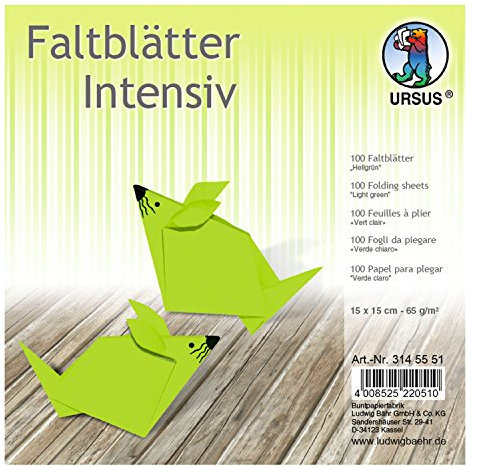 Ursus 3145551 - Faltblätter Uni intensiv, hellgrün, ca. 15 x 15 cm, 65 g/qm, 100 Blatt, aus Plakatpapier, durchgefärbt, für kleine und große Origami Künstler, ideal für vielseitige Bastelarbeiten