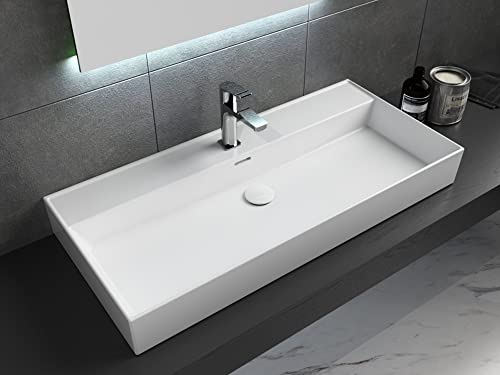Aqua Bagno | Modernes Waschbecken weiß, Loft Air Design, Keramik Waschbeckenaufsatz, Waschtisch eckig | 101 x 46 cm
