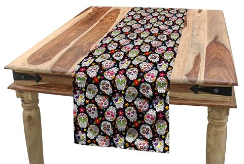 ABAKUHAUS Zuckerschädel Tischläufer, Mexiko Themed Entwurf, Esszimmer Küche Rechteckiger Dekorativer Tischläufer, 40 x 225 cm, Schwarz Magenta