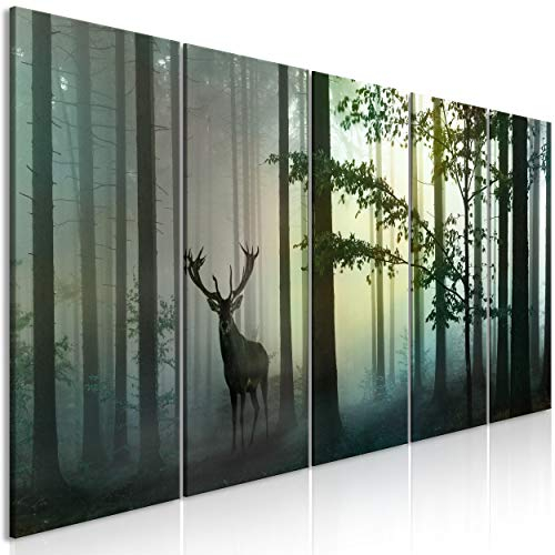 decomonkey Bilder Hirsch 225x90 cm 5 Teilig Leinwandbilder Bild auf Leinwand Wandbild Kunstdruck Wanddeko Wand Wohnzimmer Wanddekoration Deko Tiere Wald Natur