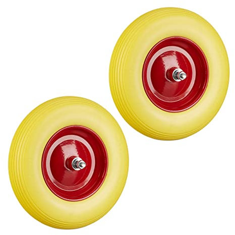 Relaxdays Lot de 2 Roues de brouette Caoutchouc, avec axe, 4.80 4.00-8, Caoutchouc polyuréthane essieu 100 kg, Jaune/Rouge