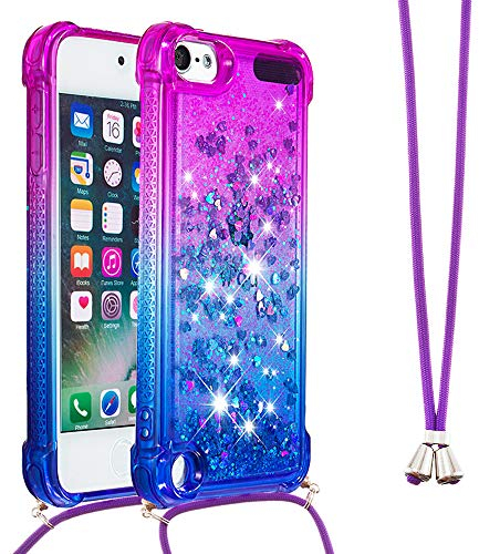 Handykette Handyhülle für iPod Touch 5 / 6 / 7 Hülle,Glitzer Quicksand kreatives Fließende Flüssigkeit schwimmt Silikon Case mit Umhängeband Handykordel Band Kette für iPod Touch 5,YB GS Purple Blue