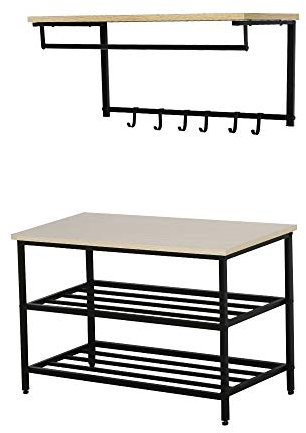 HOMCOM 2-in-1 Garderobenset Flurgaderobe mit Sitzbank Wandgarderobe für Eingangsbereich, 6 Haken, Natur+Schwarz, 75 x 30 x 45 cm(Sitzbank)