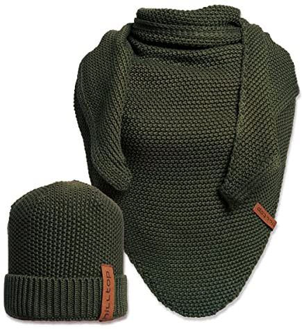 Hilltop 2-teiliges Unisex Winterset, Damen Mütze und Schal, Herren Mütze mit Strickschal, XXL Dreiecksschal mit Strickmütze, Geschenk für Frauen und Männer, Farbe:Khaki