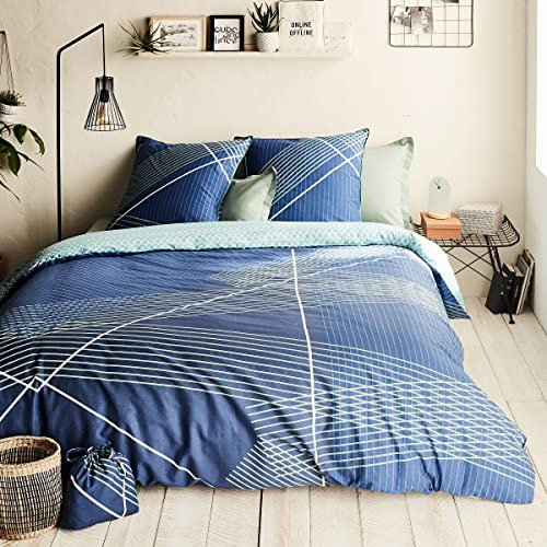 Parure de lit 3 pièces Adulte 2 Personnes Graphique réversible Set de Housse de Couette 260x240cm +2 Taies d'oreiller 63x63 cm avec Fermeture Bouteille