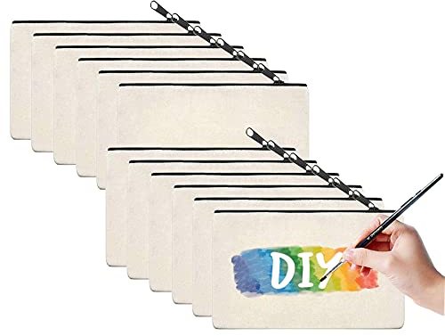 12 Stück DIY Blanko Stoffbeutel,Reise Kulturbeutel,Kosmetiktaschen mit Reißverschluss,Brautjungfern Geschenk Kosmetiktasche,Stoff Federmäppchen,Segeltuch Kosmetiktasche,Federmäppchen Klein