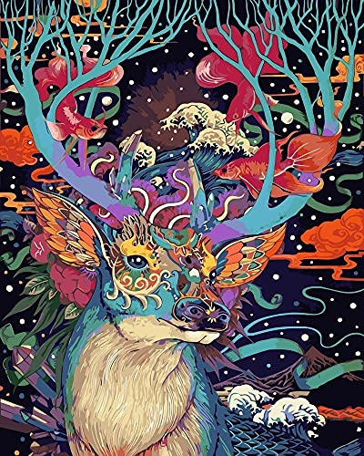 Artnapi Malen nach Zahlen Erwachsene mit Rahmen | DIY Handgemalt | Tiere - Bunte Elche | Kit für Anfänger und Erwachsene | Set inklusive Acrylfarben & Pinsel | 40x50cm Leinwand | Ideal als Geschenk