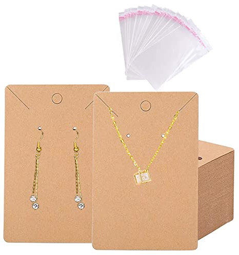 VEGCOO 100 PCS Earring Display Set - 50 Kraft Earring Holder Cards & 50 Self-Sealed Storage Bags for Jewellery