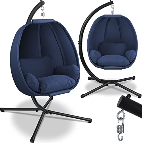 KESSER® Luxe Hängesessel mit Gestell + weiches Sitzkissen und Abdeckung, Seitenpolsterung, Rückenkissen Hängekorb Indoor & Outdoor, Garten Schaukel Hängestuhl Stabiler Standfuß, max. 150 kg Blau
