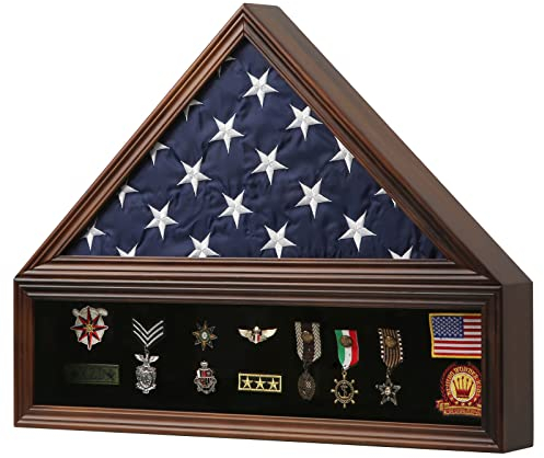 Zmiky Vitrine mit amerikanischer Flagge aus Massivholz, passend für eine 12,7 x 24,9 cm große Flagge, gefaltete MilitärSchattenbox mit FilzfutterHalter für Pins Insignia Medaillen Challenge Münzen,