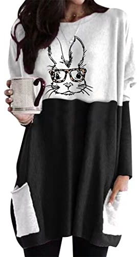OMZIN Damen Frühling Osterhasen Sweatshirt Muster Shirt mit Taschen Lässiges Langarm Sweatshirt Süßes Häschen Top Schwarz Brille Hase S