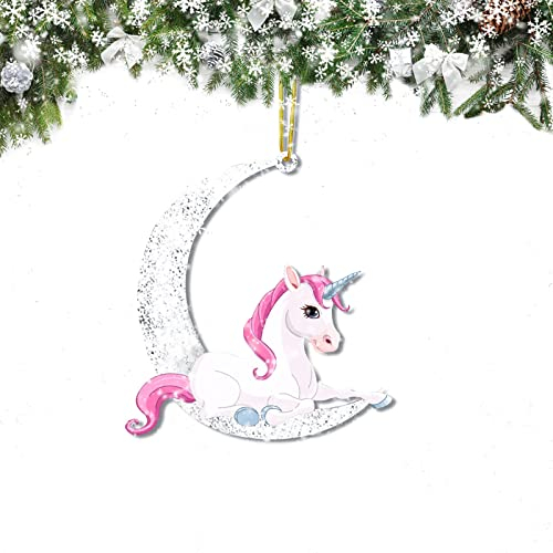 Tiere sitzen auf dem Mond Ornamente für Weihnachtsbaum Winter Holz Hängende Anhänger für Weihnachtsbaum Deko (Traumhaftes Einhorn)