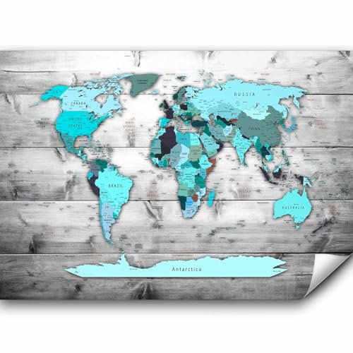 murando - Fototapete Premium-Vlies Weltkarte 300x210cm - Foto Tapete Wohnzimmer Moderne Vliestapete XXL Wandtapete Motivtapeten Bildtapete 3d Effekt Wand Dekoration Flur Holz Bretter grau blau