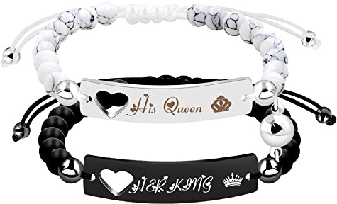 Uloveido Edelstahl Magnetische Paar Identifikation Armband Set, schwarze Jade und weiße Türkis Perlen Herz Armband Entfernung Matching Armband für Valentinstag
