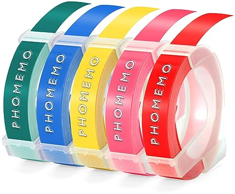 Phomemo Prägeband Kompatibel mit Omega Etikettenband Ersatz für 3D Etikettenband 9mm für Omega S0717930 Junior Etikettiergerät Prägegerät(Weiß auf Rot|Blau|Gelb|Rosa|Seegrün, 5 Stück)