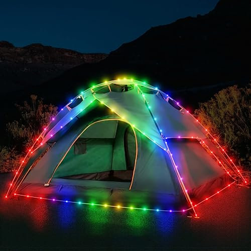 BNGGOGO Camping Lights for Tents, 40Ft 17 Colors 8 Flashing Modes LED Decorative Rope Lights Battery Operated with Remote Control, Camping Tent String Lights for Night Camping, RV (Tent Not Include)