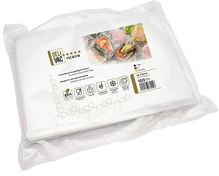DeliVac Vakuumierbeutel 20 x 30 – 100 Stück, geprägte Vakuumbeutel für alle Vakuumierer, BPA-frei, lebensmittelecht, ideal für Sous-Vide, Gefrierschrank & Lebensmittelaufbewahrung