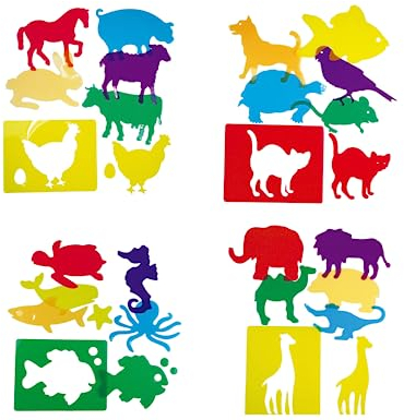 Henbea Set mit 24 lichtdurchlässigen Montessori-Schablonen zum Bemalen von Kindern, Formen von Meerestieren, Zoo, Bauernhof und Haustieren (4 x 6 Stück)