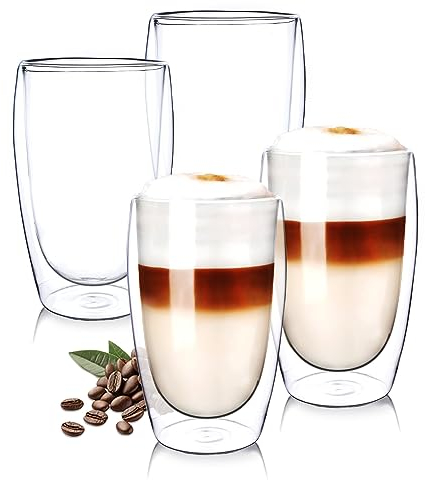 Wessper Lot de 4 Verres à Café à Double Paroi en Verre Borosilicate 450 ml, Grands Verres Thermiques à Double Paroi, Verres à Latte Macchiato, Verres à Cappuccino,Verre à Café