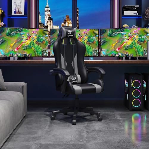 Cybert Sedia da Gaming Gamer Poltrona da Ufficio Scrivania Girevole Braccioli Design Ergonomico Supporto Lombare Meccanismo di Inclinazione (Nero/Grigio)