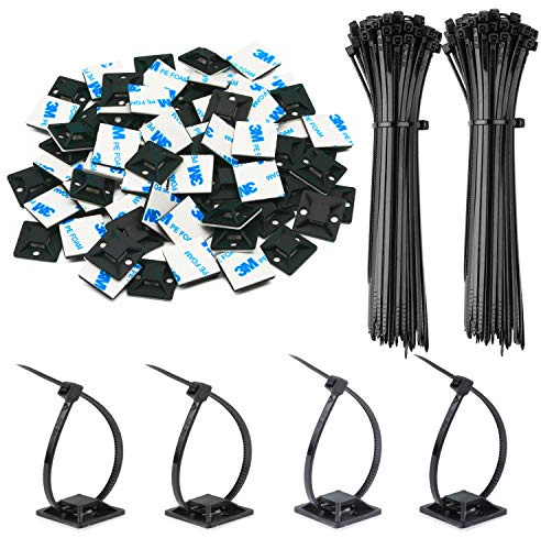 30 Pack 1.5 inch Zip Tie Adhesive Mounts Self Adhesive Cable Tie Base Holders with Multi-Purpose Tie Wire Clips with Screw Hole,Anchor Stick on Wire Holder with 8 inch Zip Ties（Black）