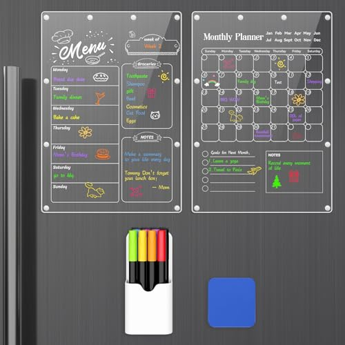 MoKo Calendario Mensual y Menú Semanal Magnéticos, 42,7 x 30cm 2 Planificador Mensual Magnético para Nevera de Acrílico con 8 Rotuladores, 1 Borrador y 1 Soporte para Cumpleaños Notas Lista de Compra