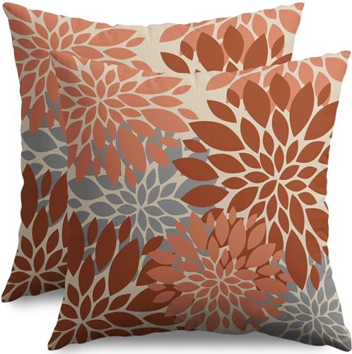 Kissenbezüge, gebranntes Orange, Grau, 45,7 x 45,7 cm, Herbstfarben, moderne Geometrie, Dahlie, Blumendruck, dekorative Wurfkissenbezüge für Outdoor, Bauernhaus, für Couch, Sofa, Bett, Dekoration, 2