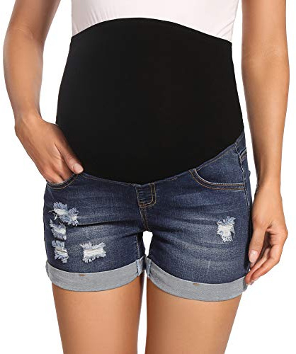 Foucome Maternity Denim Shorts Over Bump | Rolled Hem, Casual Ripped Jean Shorts, Trendy Distressed Pregnancy Shorts