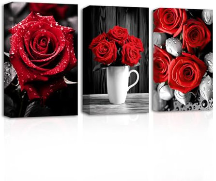 CXHOSTENT Rote Rosen Leinwand Wandbilder 3-teilig rote Blumen Kunstdrucke Badezimmer Dekor abstrakte Rosen Blumen Bilder für Küche Heimdekoration (B, 28.00 x 35.00 cms x 3PCS)