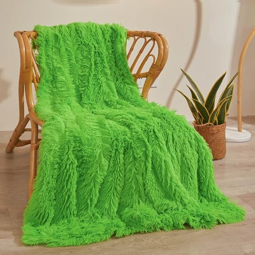 XeGe Coperta in finta pelliccia, lussuosa, morbida, grande, soffice, decorativa, per camera da letto e soggiorno, colore verde lime, 60 x 90 cm