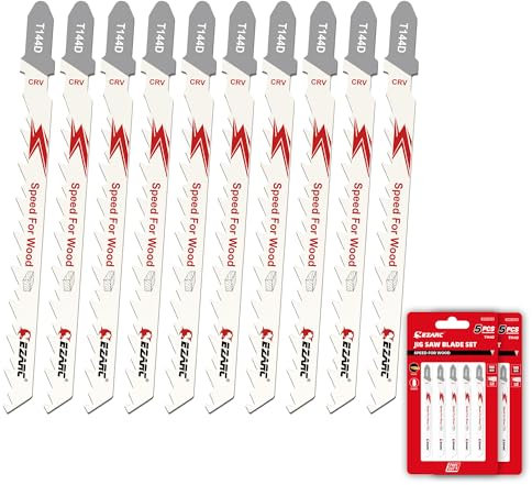 EZARC 10tlg Stichsägeblätter T144D für schnelles Holzschneiden, 6TPI T-Schaft Stichsägeblatt Set aus CRV, gebogenes und gewelltes Schneiden