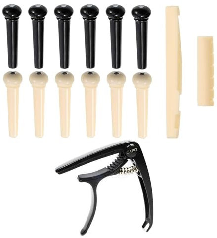 Buaak Acoustic Guitar Bridge Pins Set, 14 Guitar Pegs with 2 Guitar Nut, Saddle and Guitar Capo, Guitar String Winder for Fender Acoustic Guitar, Cutter Guitar Parts Replacement Tools Kits