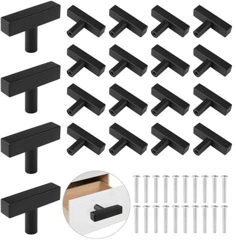 Black Square T Bar Cupboard & Drawer Handles - 20 Pcs, Stainless Steel, 50mm for Furniture, DIY, Bedside Table, Wardrobe, TV Cabinet