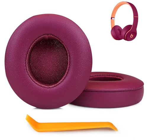 SINOWO Earpads Replacement for Beats Solo 2 & Solo 3 Wireless On-Ear Headphones,Solo2 Solo3 Ear Pads Cushions with Noise Isolation Memory Foam,Soft Protein Leather(Deep Red)