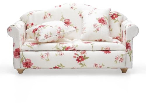 Odoria Puppenhaus Sofa Couch Miniatur: 1/12 Maßstab Liebesbank für Wohnzimmer Schlafzimmer Vintage Landhaus - Mini Möbel Mit Kissen Blumenmuster Rot