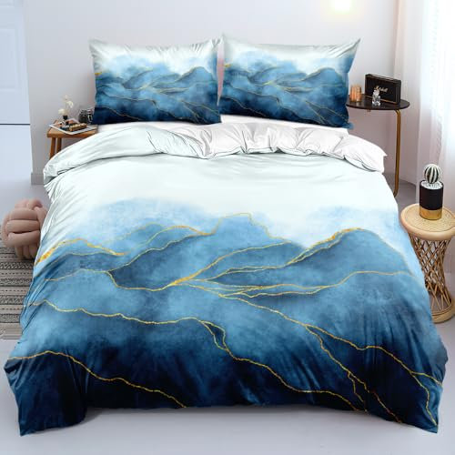 Luowei Bettwäsche Marmor 135×200cm 4 Teilig Cyan Weiß Gold Wendebettwäsche Microfaser 2 Bettbezüge und 2 Kissenbezüge 80x80cm mit Reißverschluss