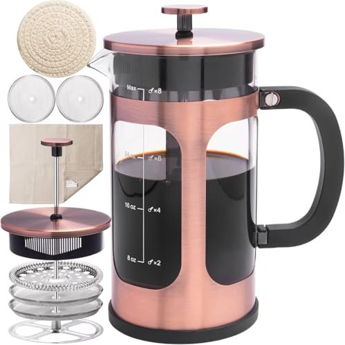 QUQIYSO French Press Kaffeebereiter, 1,5 l, 304 Edelstahl, französische Presse mit 4 Filtern, hitzebeständig, langlebig, leicht zu reinigen, Borosilikatglas, Kaffeepresse, Kupfer