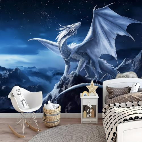 Papier Peint Panoramique Fantasy Dragon Montagnes Décoration Murale Moderne 200 x 140 cm Murale Salon D'Enfant Chambre à Coucher Maison Décoration Intérieure Bleu Foncé