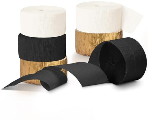NICROHOME EUR Schwarz Gold Party Luftschlangen Krepppapier Deko 6 Rollen | Schwarz Gold Elfenbein Krepppapier für Abschlussfeier, Partyzubehör, Männer, Geburtstag, Hochzeit, Baby, Braut