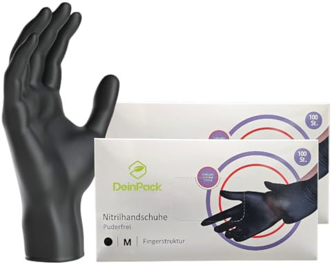 DeinPack 200 Einweghandschuhe schwarz (2x100), Einmalhandschuhe M, Nitril Handschuhe, Nitrilhandschuhe puderfrei, Gummi-Handschuhe Einweg, Schutzhandschuhe, Handschuhe Nitril in S, M, L, XL