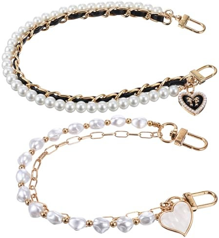 HJZHII 2 Stück PU Leder Handykette Kurz,Perlen Handykette Handgelenk,Metall Handyband Kurz Handy Kette Kurz Perle Handyanhänger Handyschlaufe Handschlaufe Universal Smartphone