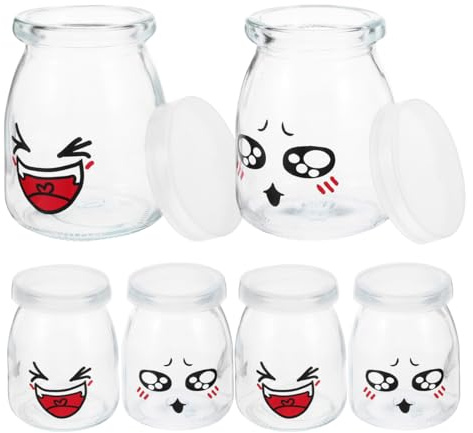 Homoyoyo Pot À Yaourt En Verre Avec Couvercle 6 Pièces 150 ml Pudding Bottle Motif Expression Faciale Récipients Résistants À La Chaleur Pour Yaourt Gelée Et Petites Portions