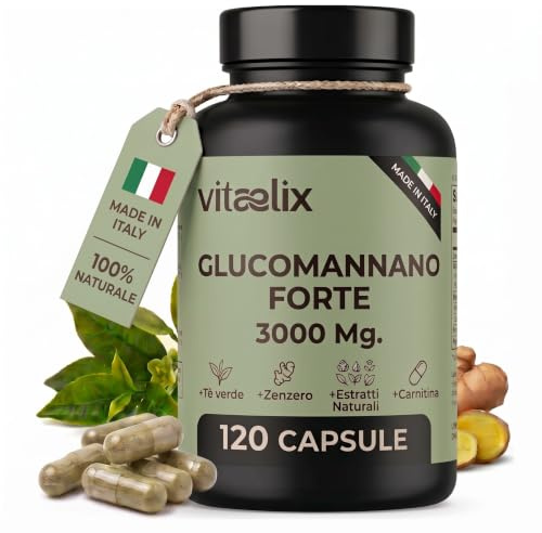 Glucomannano Forte 3000 Mg 120 caspsule Made in Italy Arricchito con Inulina, Carnitina, Zenzero, Ginseng, Tè Verde, Magnesio, Integratore alimentare ad Alto Dosaggio, Vitaelix®.