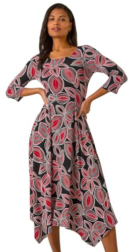 Roman Originals Hanky Hem Swing Dress with Pockets for Women UK Ladies Asymmetric Hemline Stretch Jersey 3/4 Sleeve Winter Smart Casual Work Office Knee Length Tunics - Leaf Red - Size 16