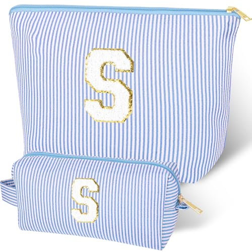 Trousse de Maquillage,2PCS Trousses de Maquillage Personnalisées pour Femme,Trousse de Maquillage de Voyage avec Initiale pour Maman,Petite Amie,FêTe des MèRes,Saint-Valentin,d'anniversaire (Bleu S)