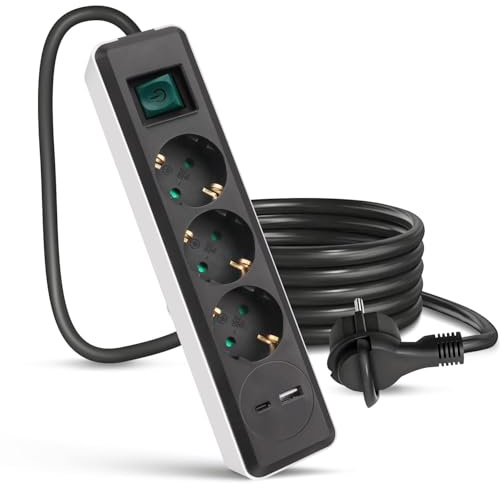 EXTRASTAR 3 Fach Flachstecker Steckdosenleiste mit USB C (PD 20W) & USB A | Mehrfachsteckdose Flacher Stecker mit Schalter & Kindersicherung, 1,5M Kabel 3G1.5mm², Schwarz + Weiß