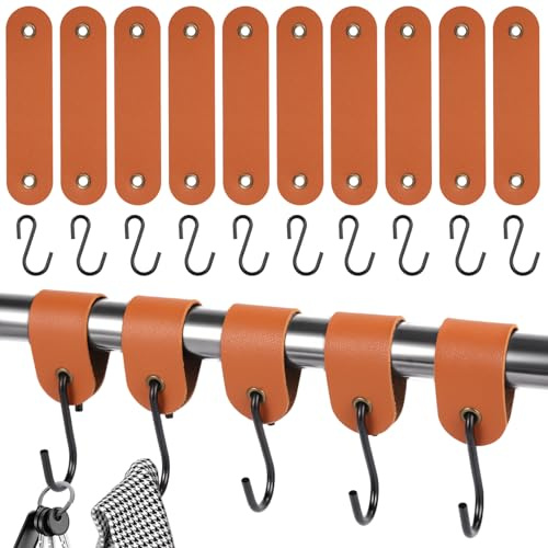 Kixolo Kleiderhaken Garderobe, 10 Stück Haken mit Lederschlaufe, Edelstahl S Haken Schwarz, Garderobenhaken, 12,5 * 3cm, Kleiderhaken für Garderobe und Camping (Braun)